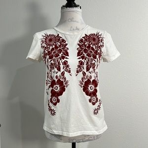 ZARA Trafaluc Floral Graphic T-Shirt – White w/Velvet Floral, Size S
